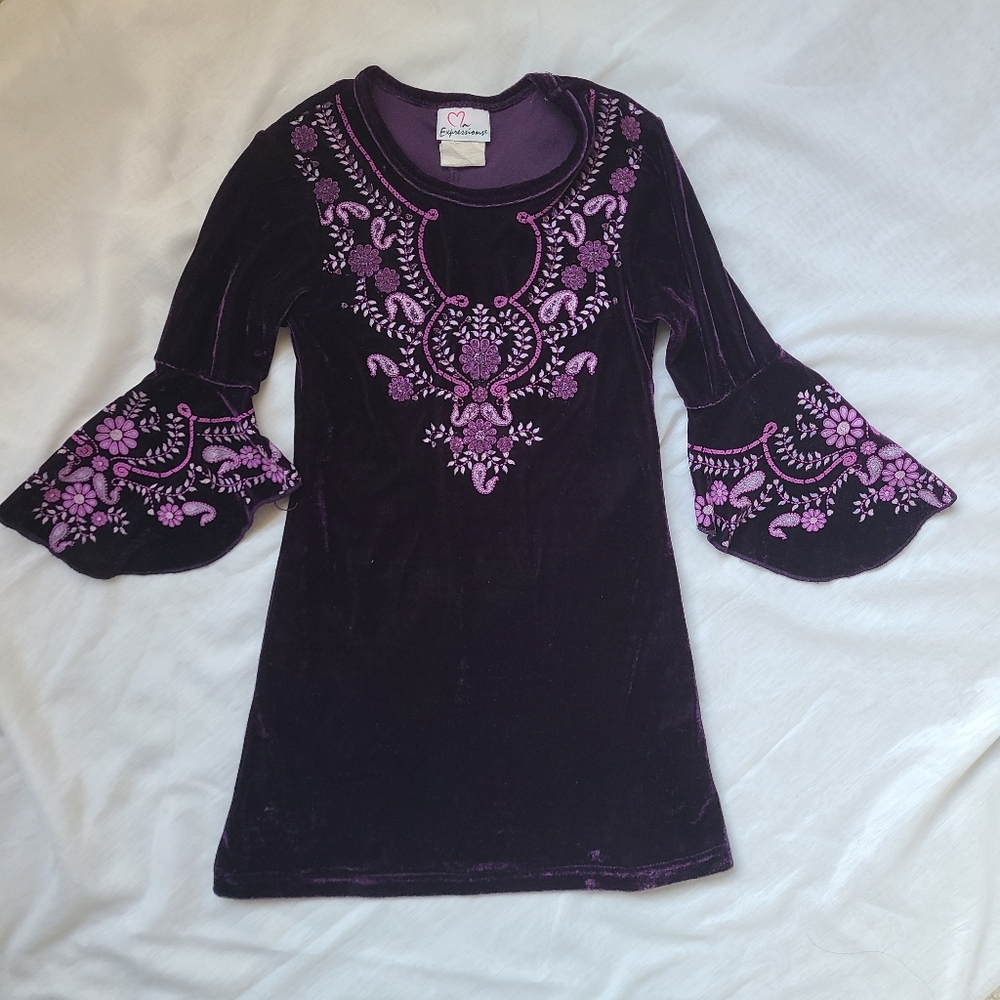 Expresaions Purple Soft Velvet Kids Dress with Embroidered Details 6/6X